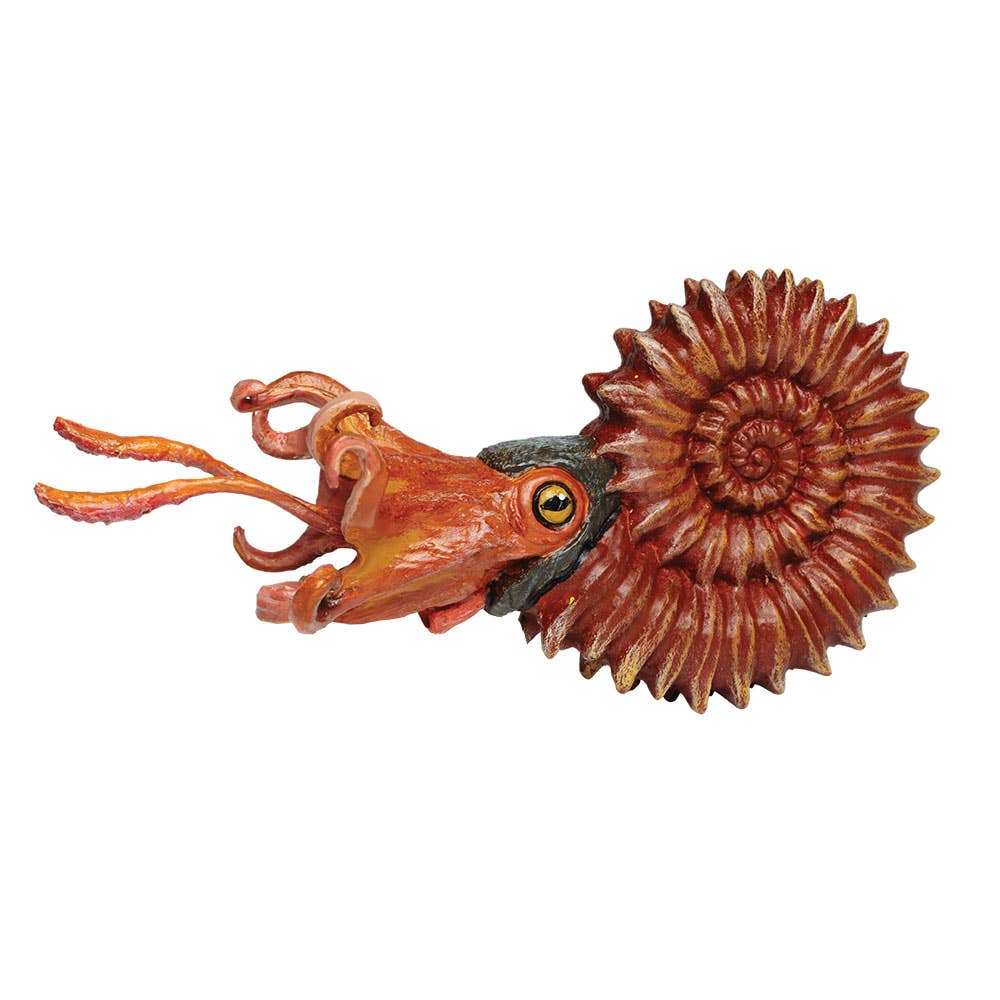 The Ammonite Figurine is a detailed model inspired by real ammonite fossils, featuring a spiral shell and orange tentacles extending from its head.