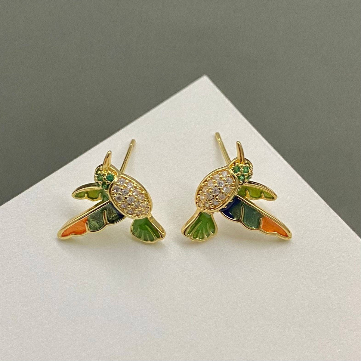 Rhinestone Enamel Hummingbird Ear Studs