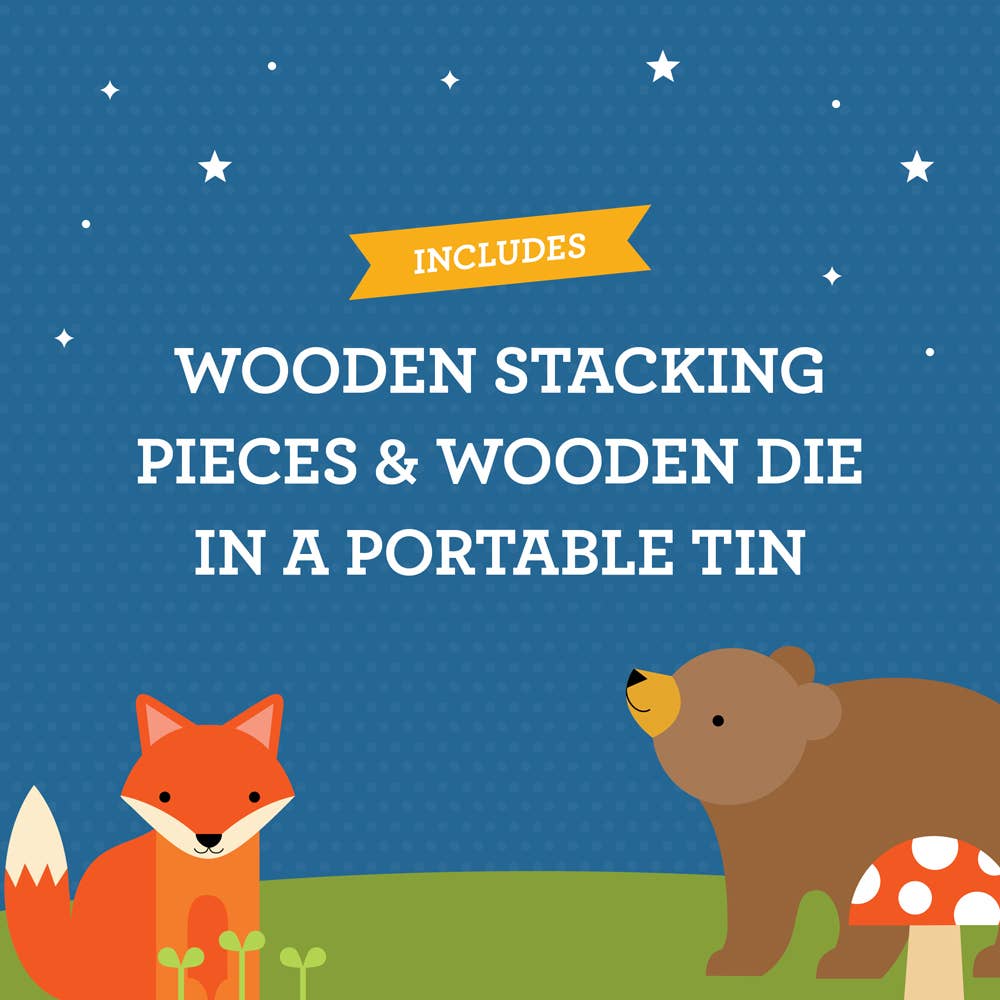 Illustration of a fox and bear on grass with mushrooms under a starry sky. Text reads: Woodland Wobble: A Wildlife Stacking Game—includes wooden stacking pieces, wooden die, and portable tin for fine motor skill fun!.