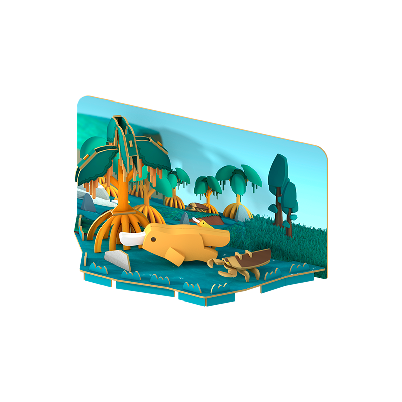 A stylized 3D illustration of PLATYPUS shows a yellow woolly mammoth, canoe, and bone puzzle amid lush trees with oversized leaves on grassy terrain beneath a bright blue sky.