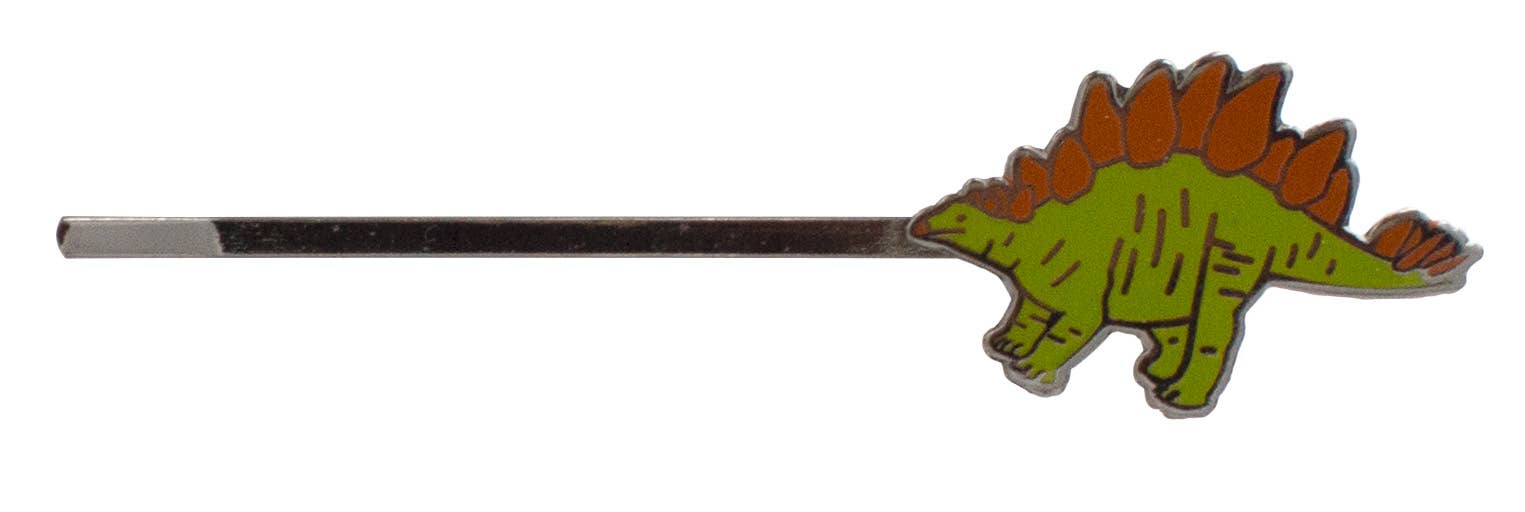 The Dinosaur Hair Pins feature a silver hairpin topped with a green stegosaurus accented by orange plates and the iconic Stegosaurus Mohawk—a fun accessory for any dinosaur fan.