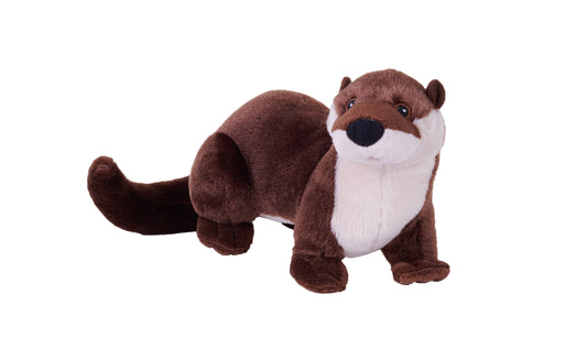 A Mini ECO River Otter Stuffed Animal 8" in brown and white, featuring a long tail, dark nose, and black button eyes, is shown against a plain white background. Crafted from eco-friendly plush materials, this adorable otter makes a perfect companion for animal education and imaginative play.