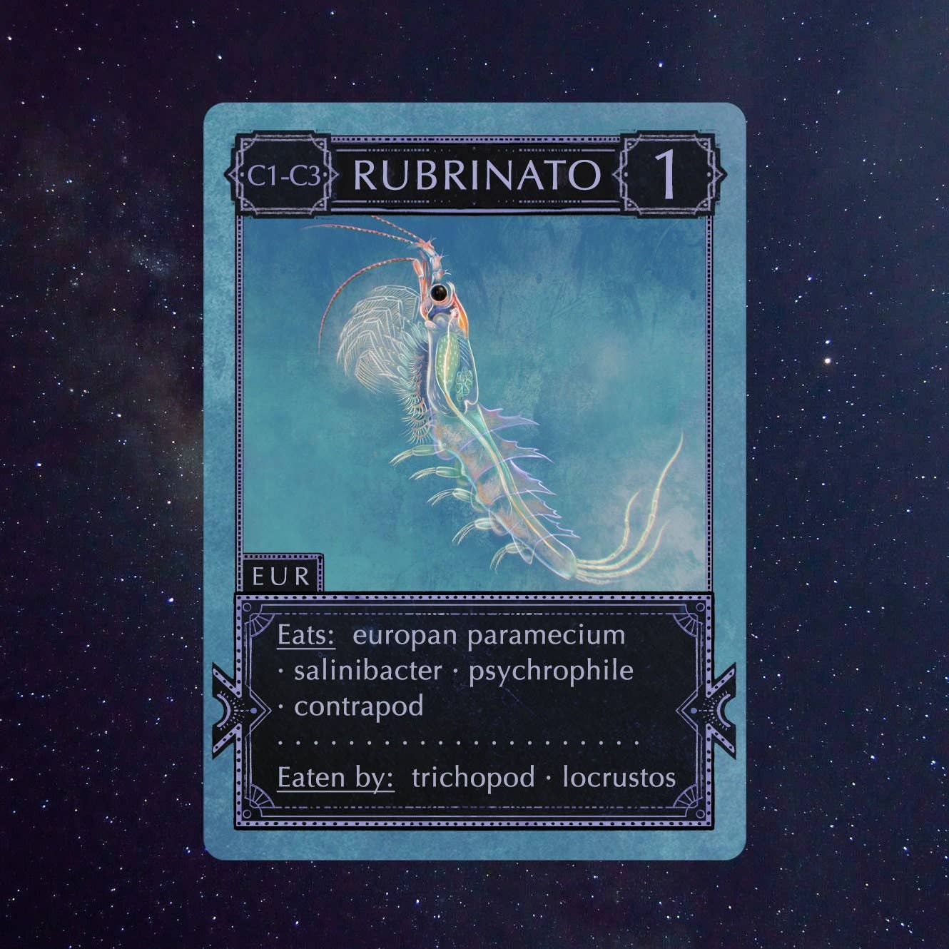 Introducing a fantasy trading card for Rubrinato from Ecologies: Solar System, featuring an illustrated shrimp-like creature (card value 1) with fascinating information about its diet and predators. Set against a starry space backdrop, this card is an ideal addition to any astrobiology game collection.