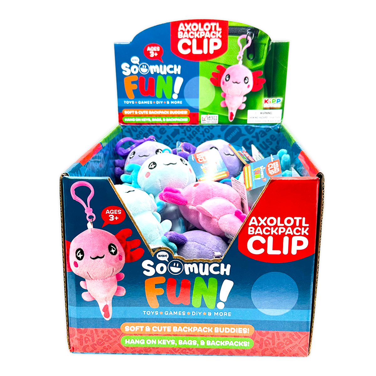 The Novelty Brands Axolotl Plush Backpack Clip display box includes 24 colorful, soft clips with “SO MUCH FUN!” graphics. Perfect for ages 3+, they’re ideal for wholesale bulk purchases or collecting.