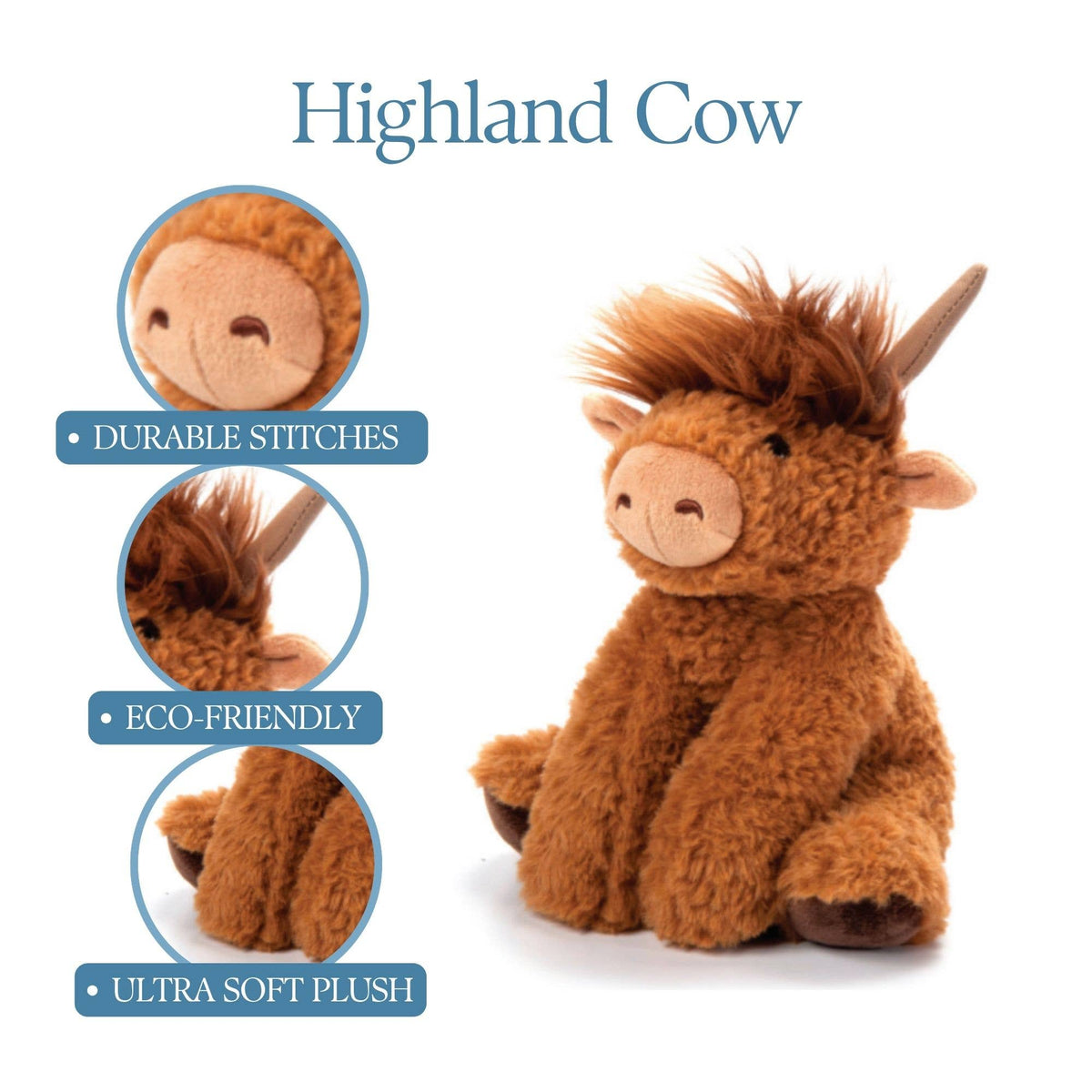 The Wild Onez Highland Cow Small 9″ (20cm) Farm/Barnyard Animal is a realistic plush toy with brown fur and small horns, made from ultra-soft, eco-friendly materials and durable stitching.