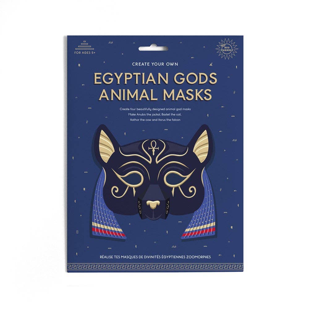 A blue package shows an illustrated Egyptian cat god mask with gold and colorful details. Text: Create Your Own Egyptian Gods Animal Masks—an educational craft kit and ancient Egypt activity for ages 5+.