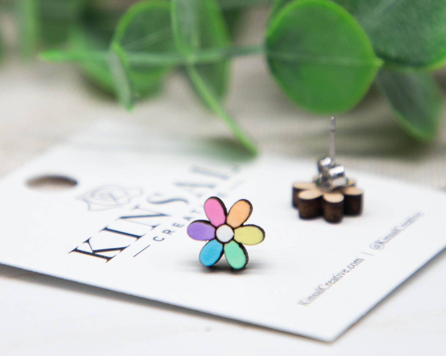 Rainbow Daisy Wood Stud Earrings