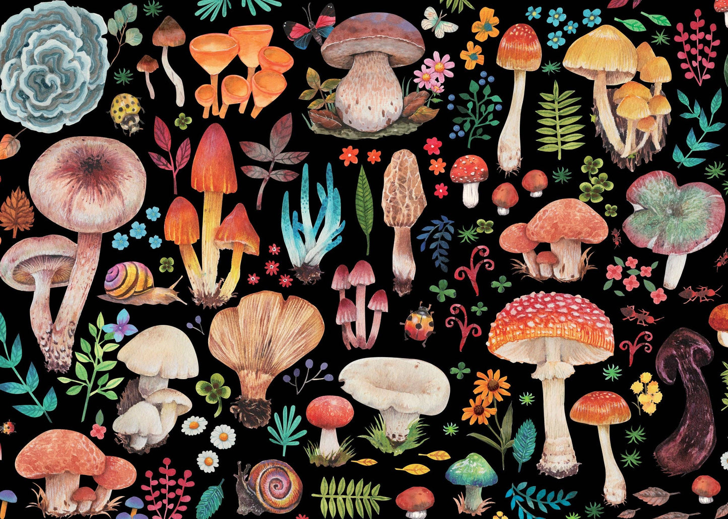 A vibrant, whimsical nature pattern of illustrated mushrooms, flowers, leaves, snails, and insects on a black background makes the Mushrooms 1000 Piece Jigsaw Puzzle perfect for nature and puzzle lovers alike.