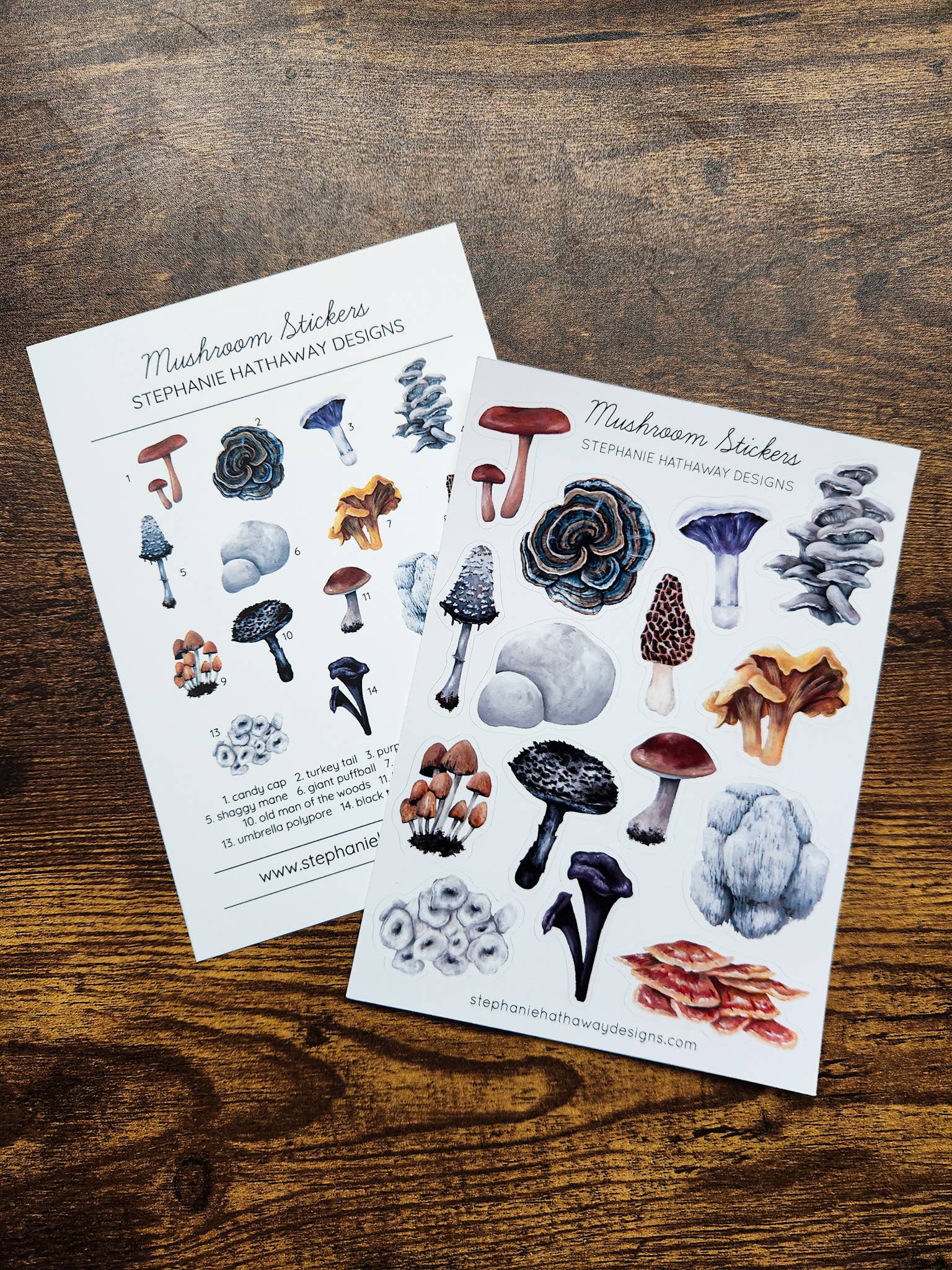 Two sheets of mushroom stickers by Stephanie Hathaway Designs.