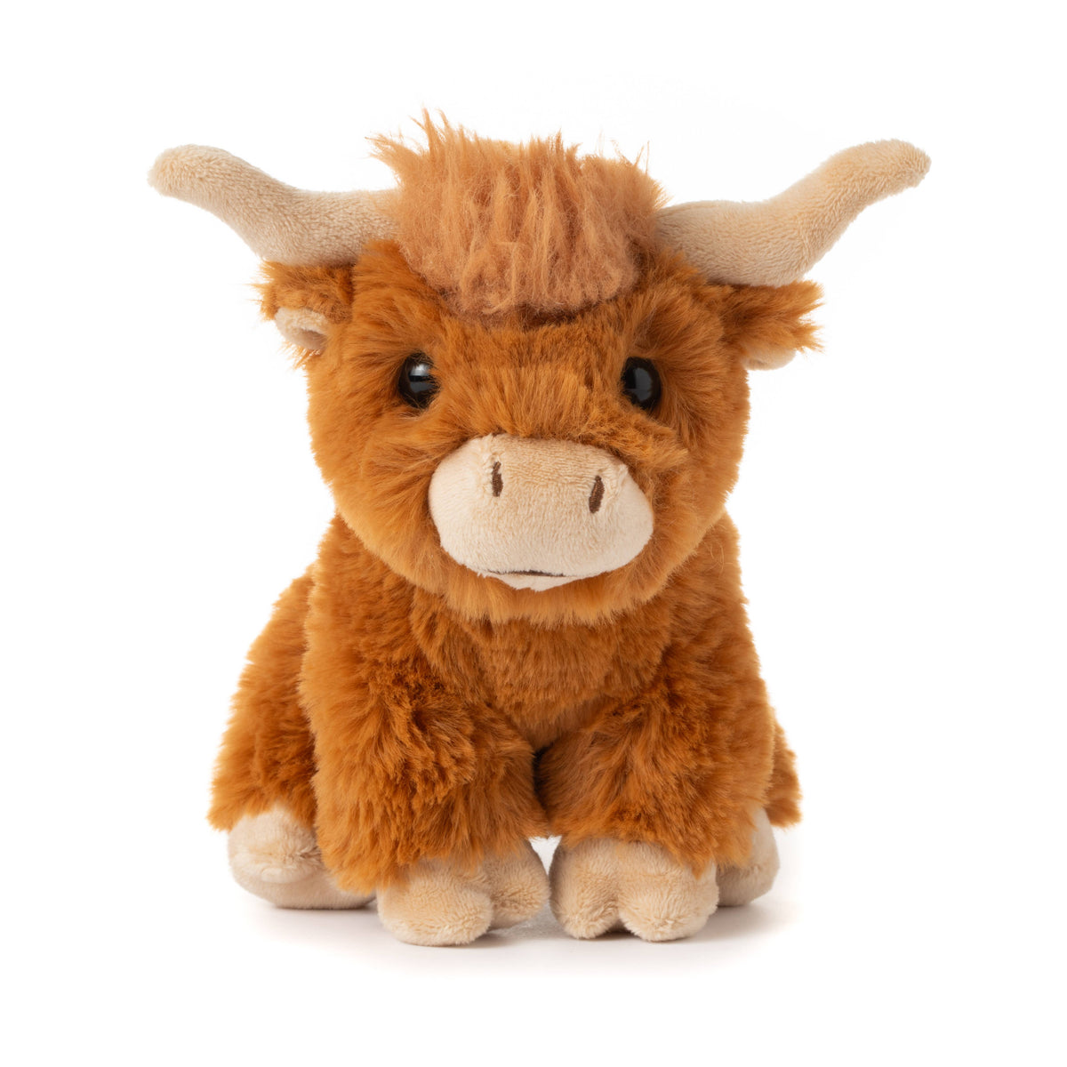 The Wild Onez Highland Cow 6″ (15cm) is a plush stuffed animal featuring shaggy orange fur, soft beige horns, round black eyes, and a cream-colored snout. Sitting upright against a white background, it makes an adorable addition to farmhouse nursery decor or serves as a cozy sensory toy for little ones.