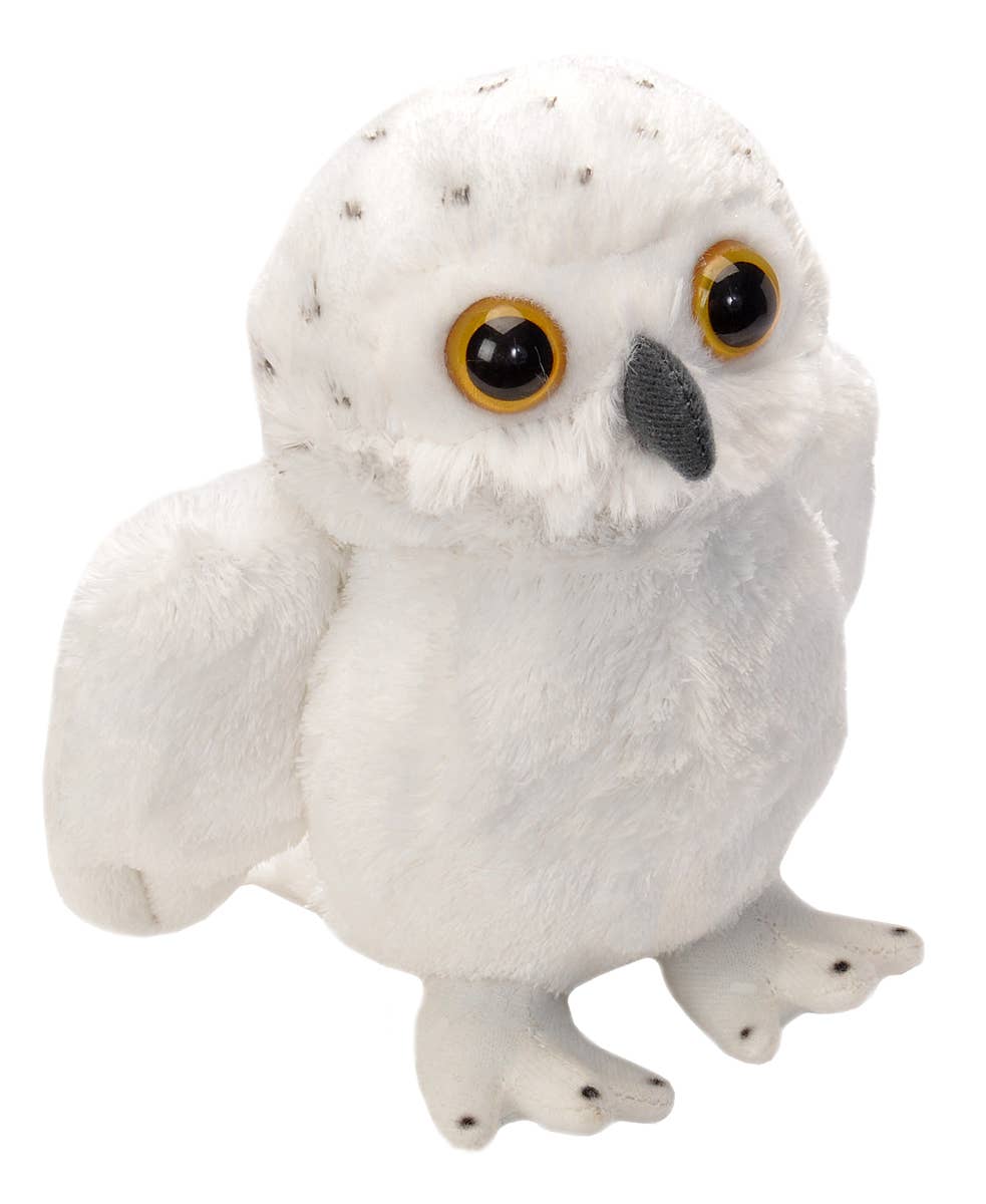 The Hug'Ems-Mini Snowy Owl Stuffed Animal 7" from Wild Republic is a white plush owl toy featuring yellow eyes, a black beak, and small black spots on its head, standing upright on flat feet against a white background.