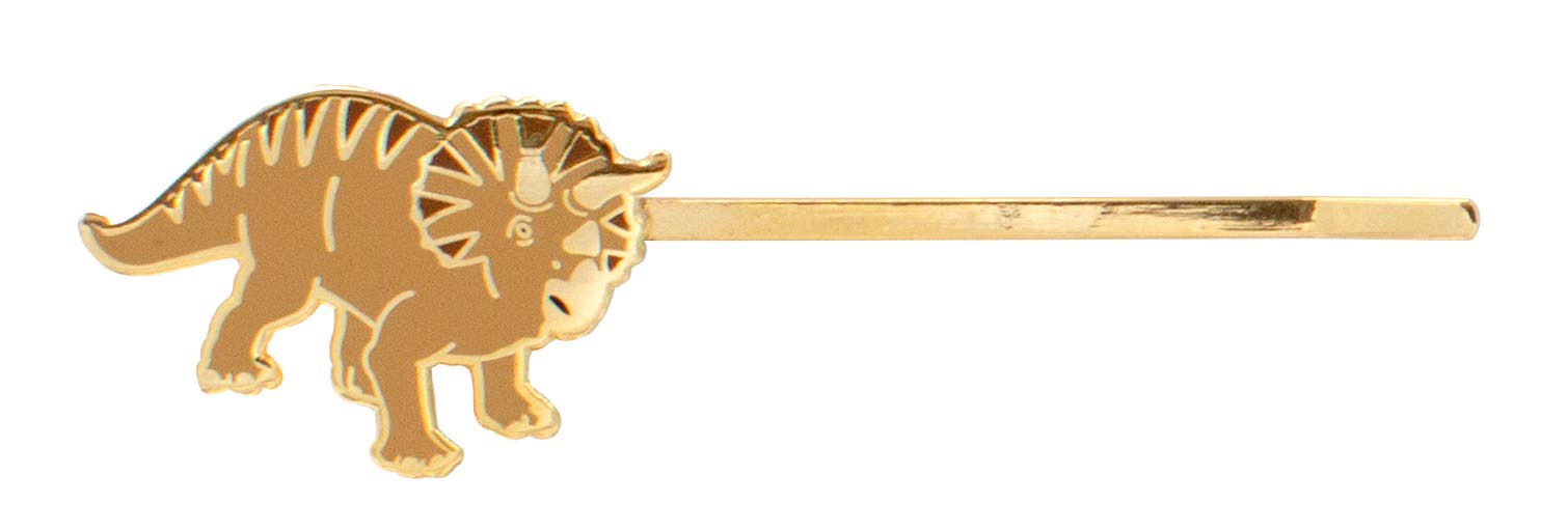Dinosaur Hair Pins: Gold hairpin with a decorative triceratops dinosaur and detailed frill—perfect for anyone who loves unique dinosaur hair accessories.