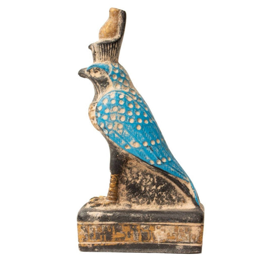 A 4-inch “Egyptian Horus Blue Mini” statue, featuring a blue and gold falcon wearing a crown and standing on a hieroglyph-adorned rectangular base—this handmade piece is an exquisite Egypt souvenir.