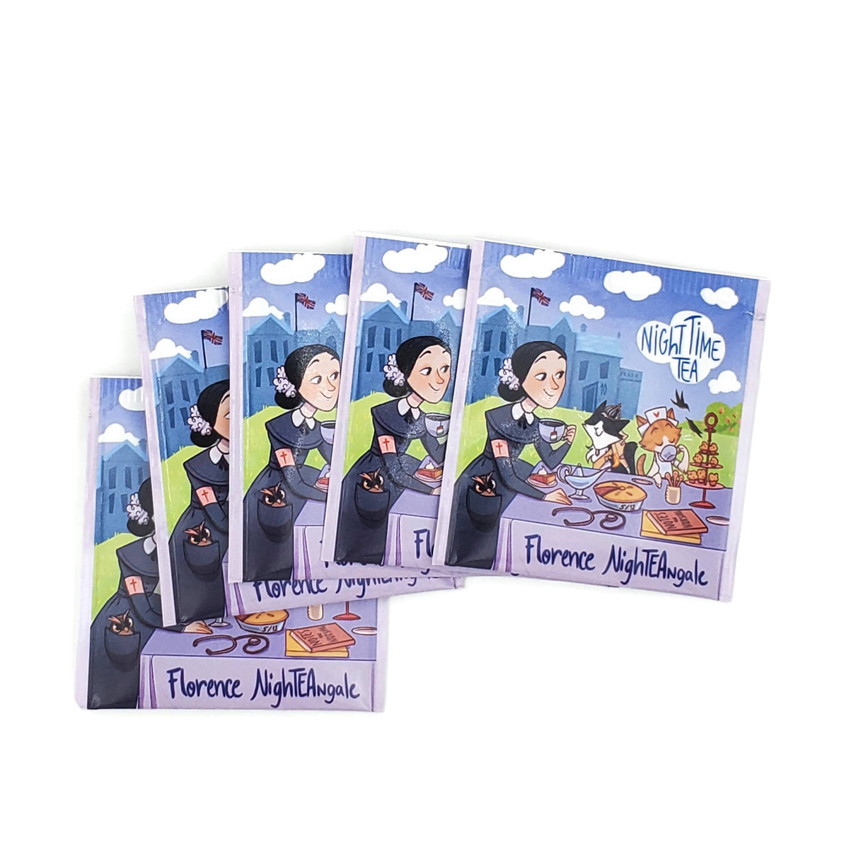 Four identical Florence NightTEAngle: Organic Night Time Tea bags featuring an illustration of a woman in a Victorian dress drinking tea with a cat, set against a backdrop of a building.