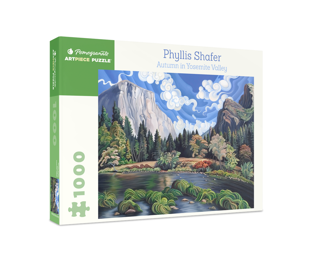 Box for Phyllis Shafer: Autumn in Yosemite Valley 1000pc. jigsaw puzzle, featuring a painting of a Yosemite Valley landscape with a river, trees, and towering cliffs under a cloudy sky.