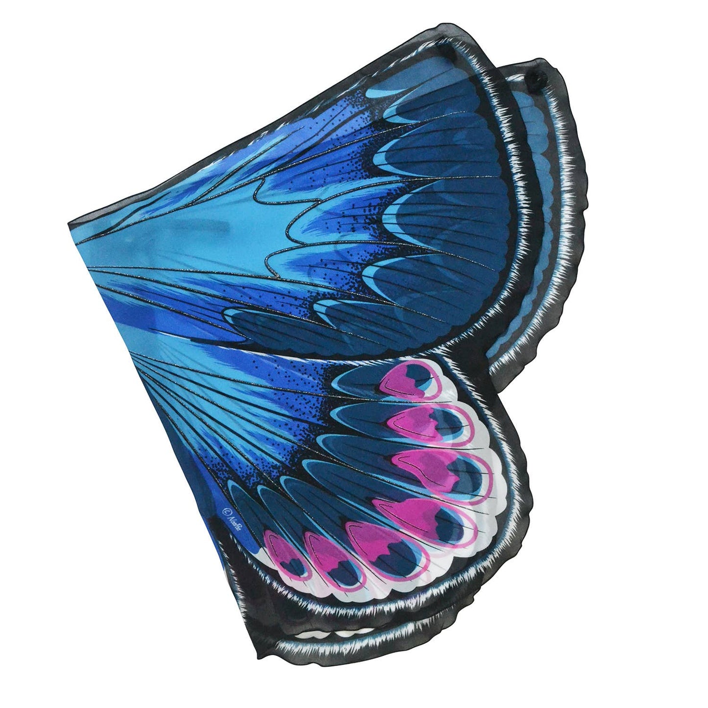 The Natural Butterfly & Moth Wings: Buckeye Bfly are blue fabric dress-up wings with black edges and pink, white, and black accents, perfect for imaginative play, shown laid flat against a white background.