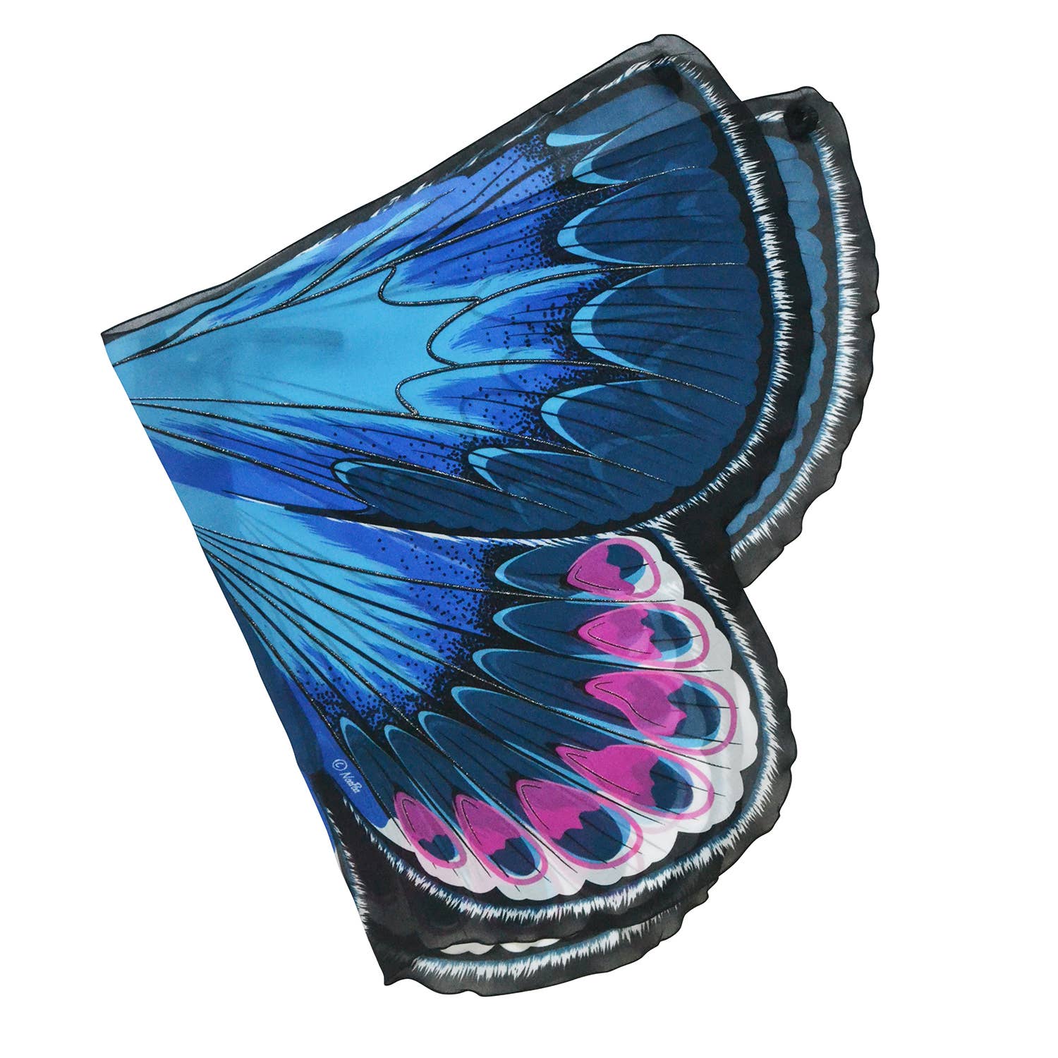 A pair of fabric Luna Moth wings in blue with black edges plus purple, pink, and white accents, ideal for imaginative play or dress-up. Shown flat on a white background. Product: Natural Butterfly & Moth Wings: Luna Moth.
