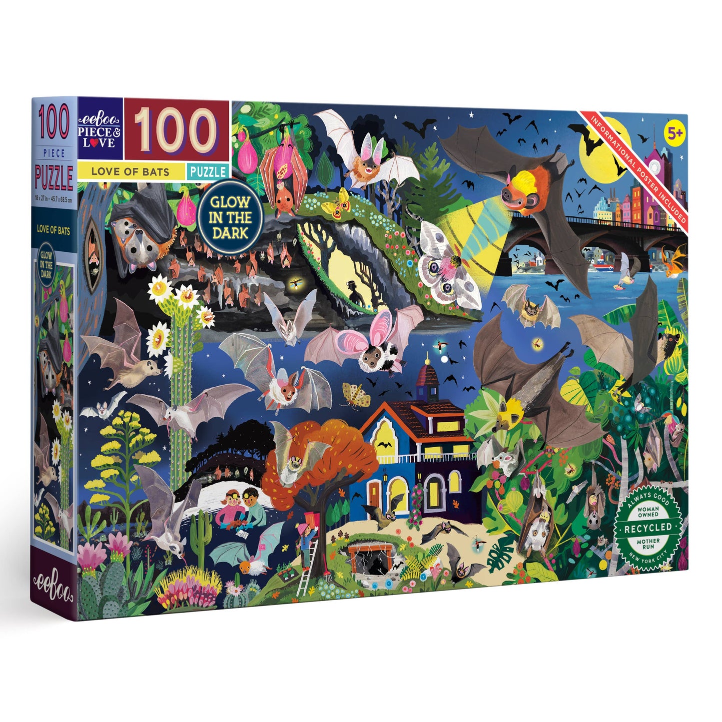 The Love of Bats 100 Piece Glow in the Dark Puzzle features colorful illustrated bats over a night landscape. Fun and educational, this floor puzzle is perfect for kids ages 5+ and glows in the dark for added excitement.