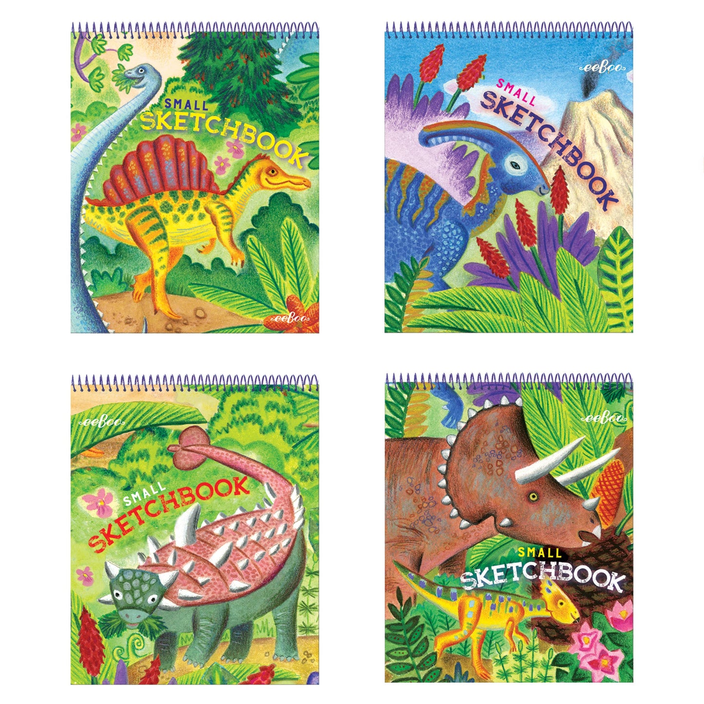 The Small Sketchbooks Dino Assortment includes four spiral-bound sketchbooks, each featuring a vibrant illustrated cover with a Spinosaurus, Brachiosaurus, Stegosaurus, or Triceratops among colorful plants.