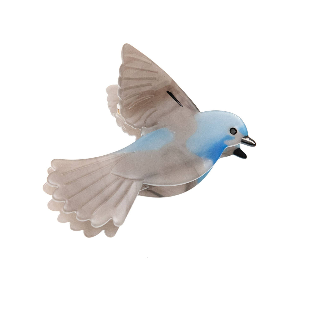 Blue and Gray Bird Hair Claw Clip made of acetate, shaped like a blue and gray bird in flight.