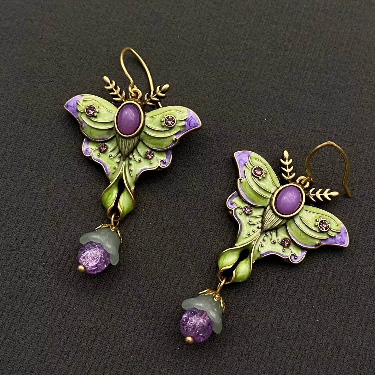 Vintage Green Enamel Moth Dangle Earrings