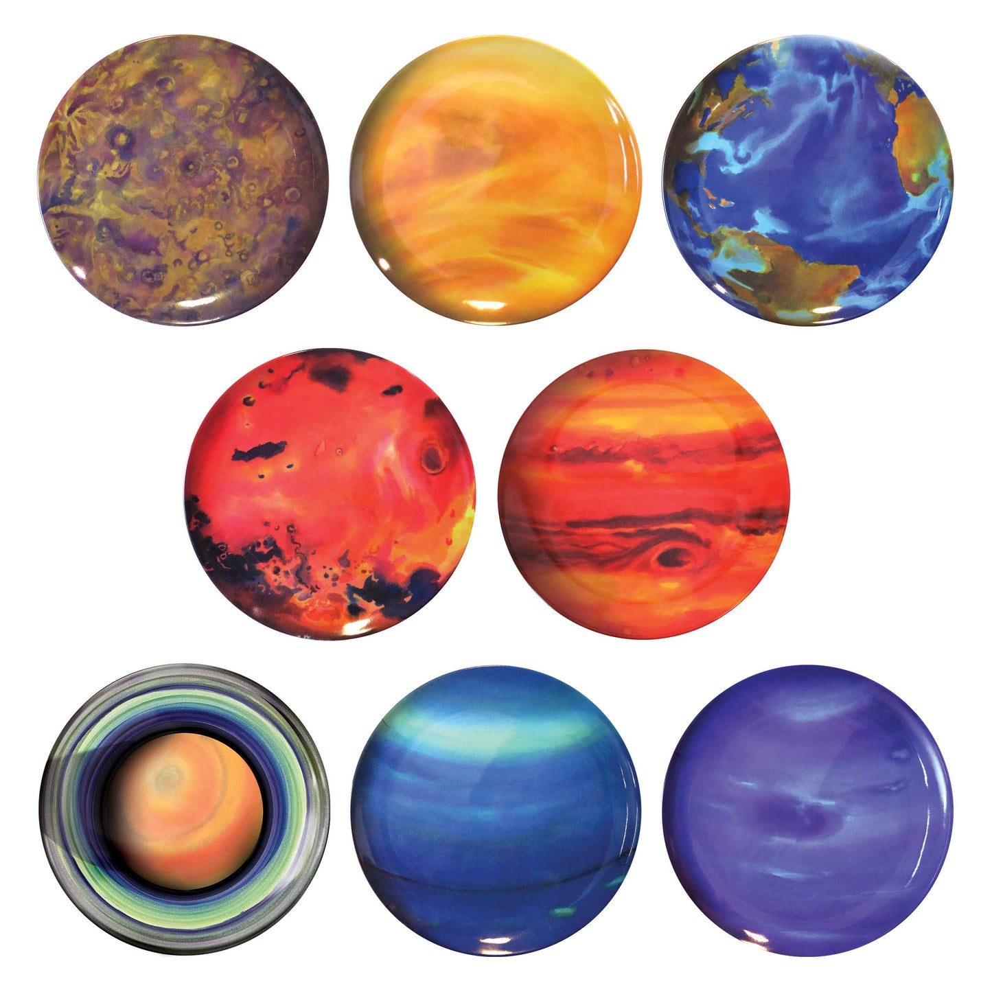 Eight vibrant round marbles, each painted with swirling patterns in shades of purple, yellow, blue, orange, and red to resemble planets from the solar system—perfect inspiration for Planet Plates.