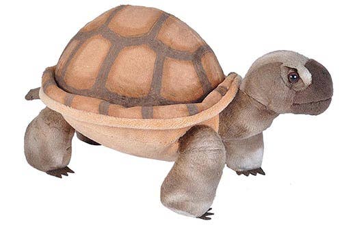 The Desert Tortoise Stuffed Animal 12" features a plush turtle design with a light brown, hexagon-patterned shell and soft tan limbs, standing on four legs against a white background.