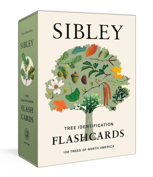 Sibley Tree Identification Flashcards feature an illustrated tree composed of leaves, branches, acorns, and seeds. Includes 100 North American trees inspired by the Sibley Guide to Trees.