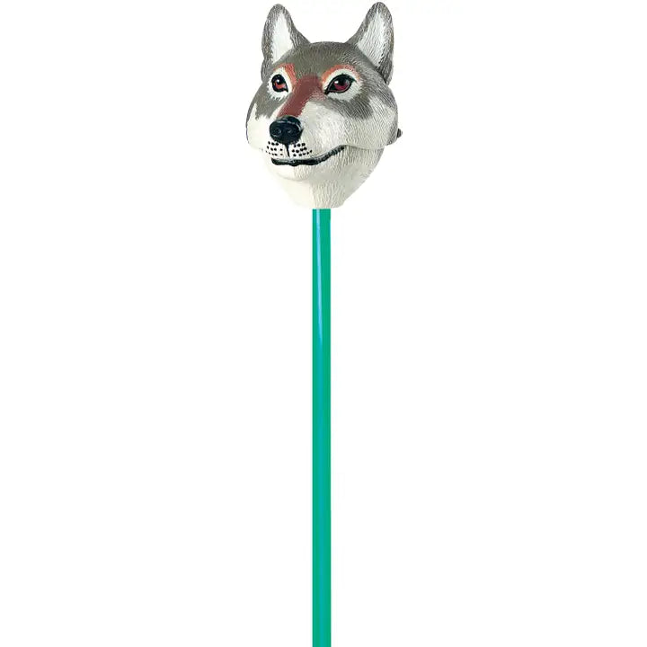 A green pencil featuring a detailed and realistic Pincher Wolf head eraser from Wild Republic, making the Pincher Wolf both a unique writing tool and an interactive toy.