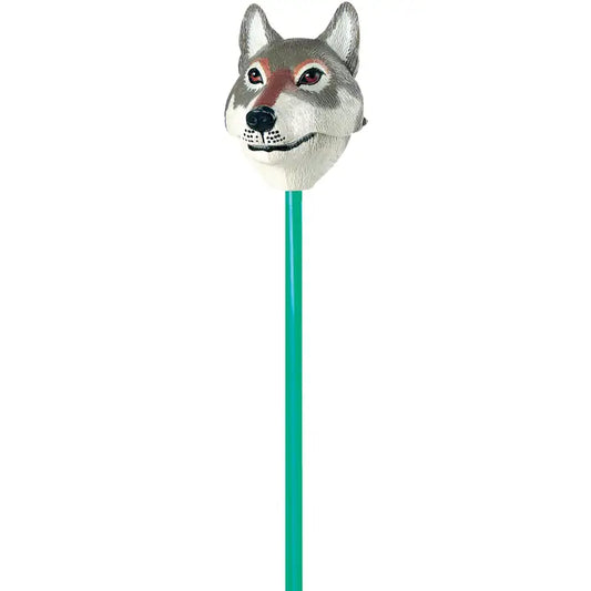 A green pencil featuring a detailed and realistic Pincher Wolf head eraser from Wild Republic, making the Pincher Wolf both a unique writing tool and an interactive toy.