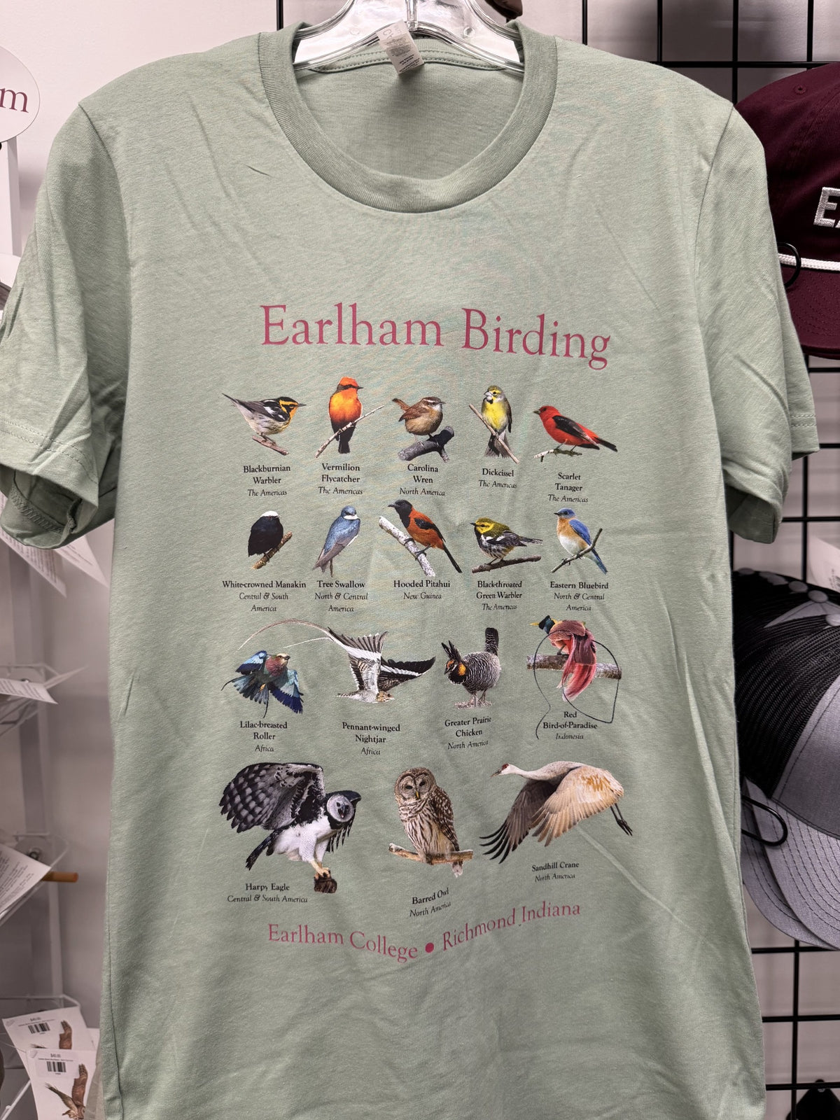 The Earlham Birding Tee is a light green t-shirt featuring vibrant illustrations and names of different bird species, with “Earlham Birding” and “Earlham College • Richmond Indiana” printed on the front.