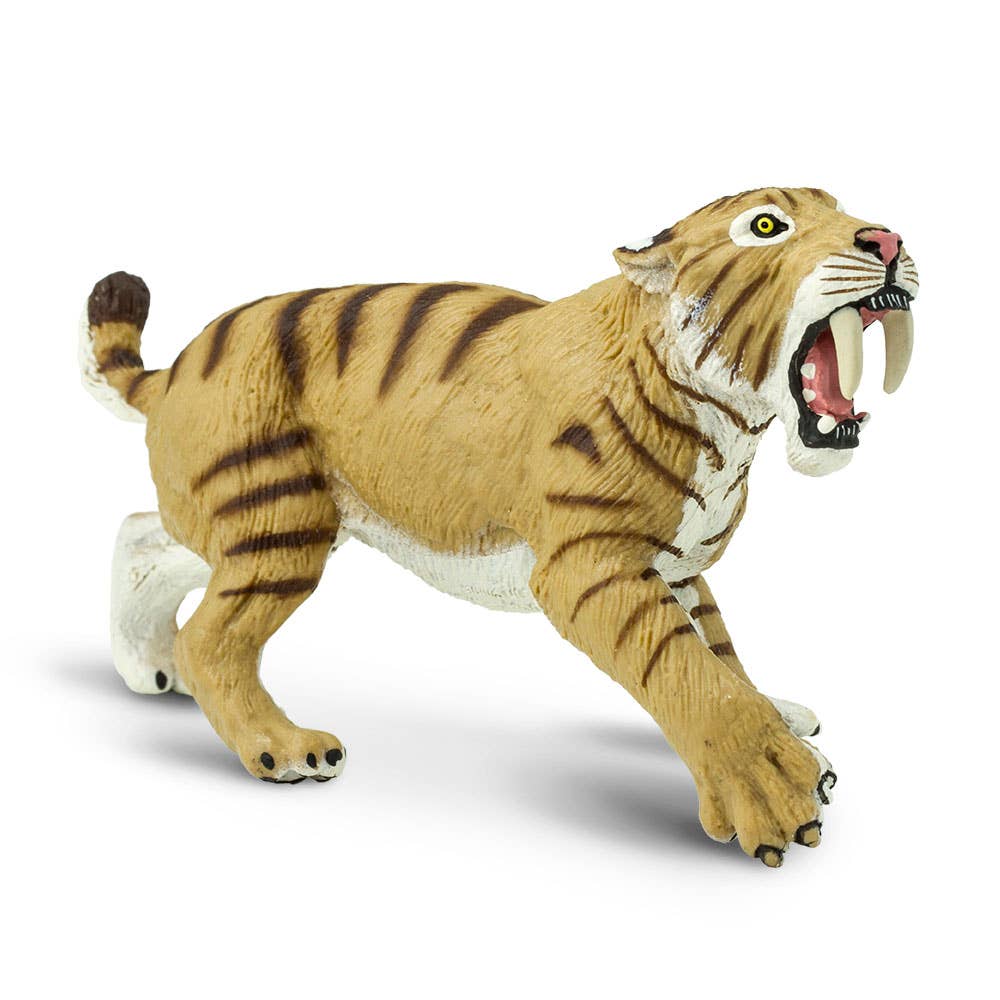 The Smilodon Saber-Toothed Cat Figurine Toy is a plastic model of a saber-toothed cat, featuring striped fur, an open mouth displaying prominent canine teeth, and a raised front paw posed as if walking or poised to pounce—resembling the formidable predators found at the Rancho La Brea tar pits.