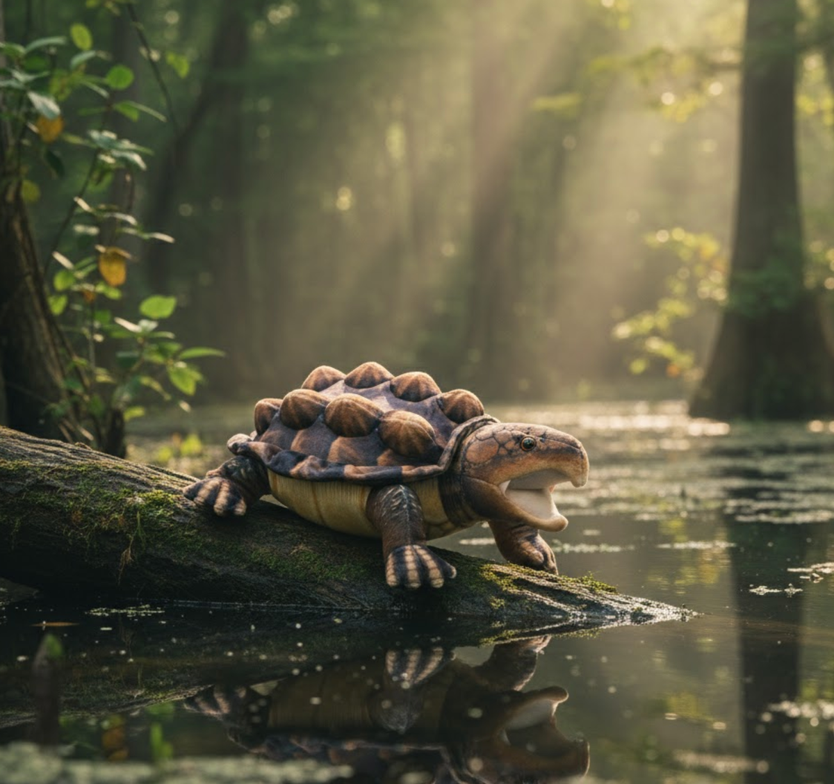 The Wild Onez Snapping Turtle 15″ (38cm), with its spiked shell reminiscent of a real snapping turtle, rests on a mossy log by the water in a sunlit forest surrounded by lush trees and greenery—a perfect scene to inspire swamp-themed nursery decor.