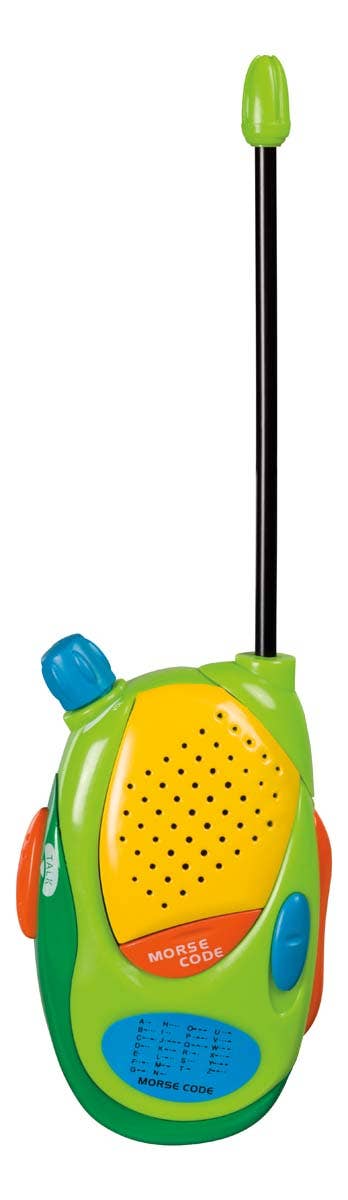 The Outdoor Discovery Walkie Talkies feature a colorful design with a long black antenna, yellow speaker area, green, blue, and orange buttons, easy volume control, and a Morse Code guide printed on the blue bottom section.