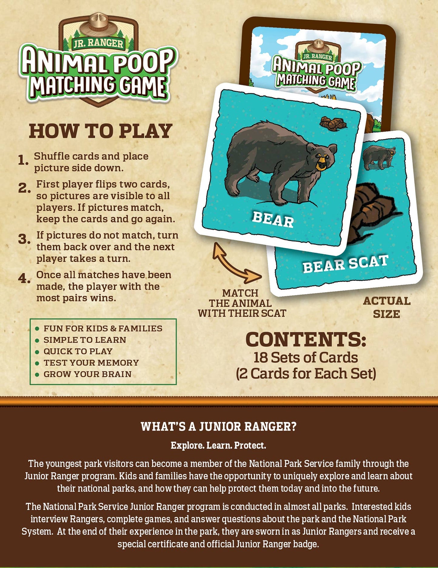 The Jr. Ranger - Animal Poop Matching Game includes cards with animals and their scat, easy instructions, game benefits, contents, and info about the Junior Ranger program—a fun memory game for kids inspired by National Parks!.