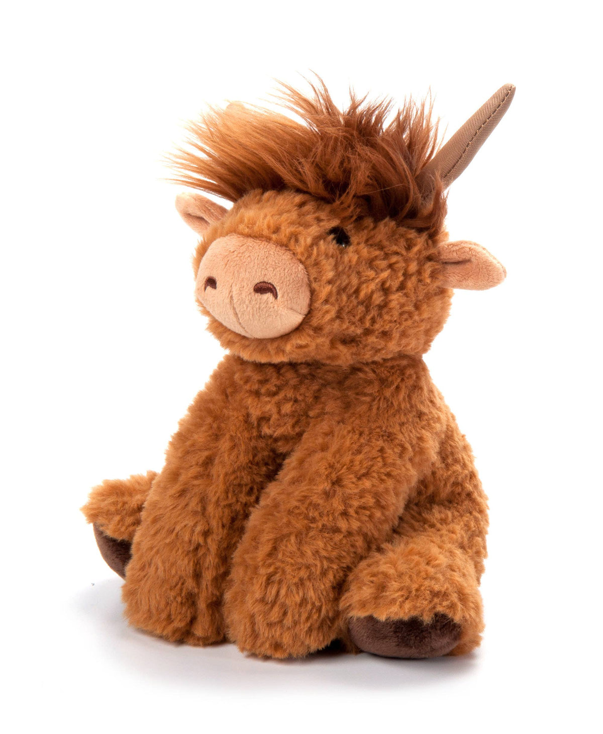 The Wild Onez Highland Cow Small 9″ (20cm) Farm/Barnyard Animal is a plush toy designed to resemble a brown highland cow with shaggy fur, small horns, and an endearing face. Sitting upright against a white background, this realistic and eco-friendly stuffed animal captures every charming detail, making it an adorable choice for all ages.