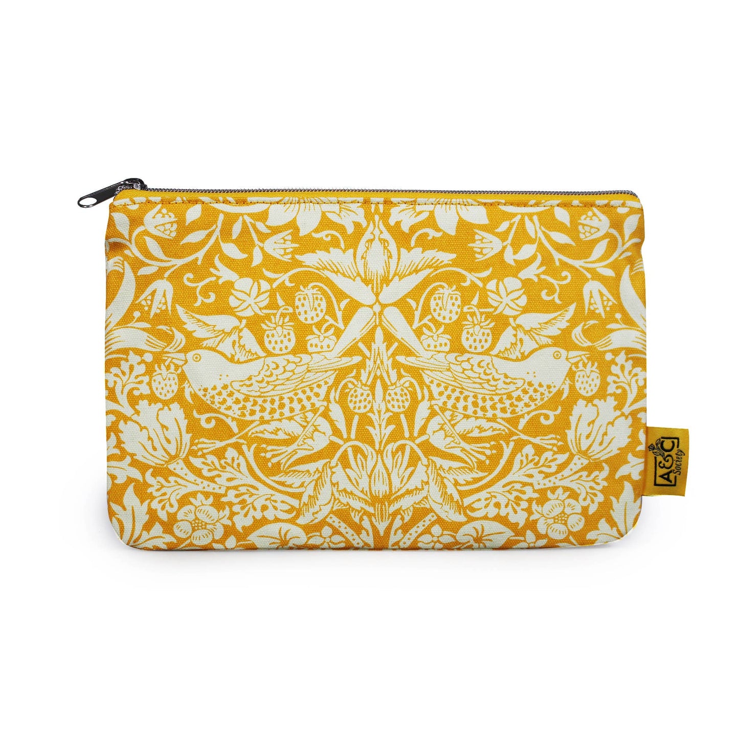 Yellow William Morris 'Quince' Cotton Pouch with white floral and bird pattern.