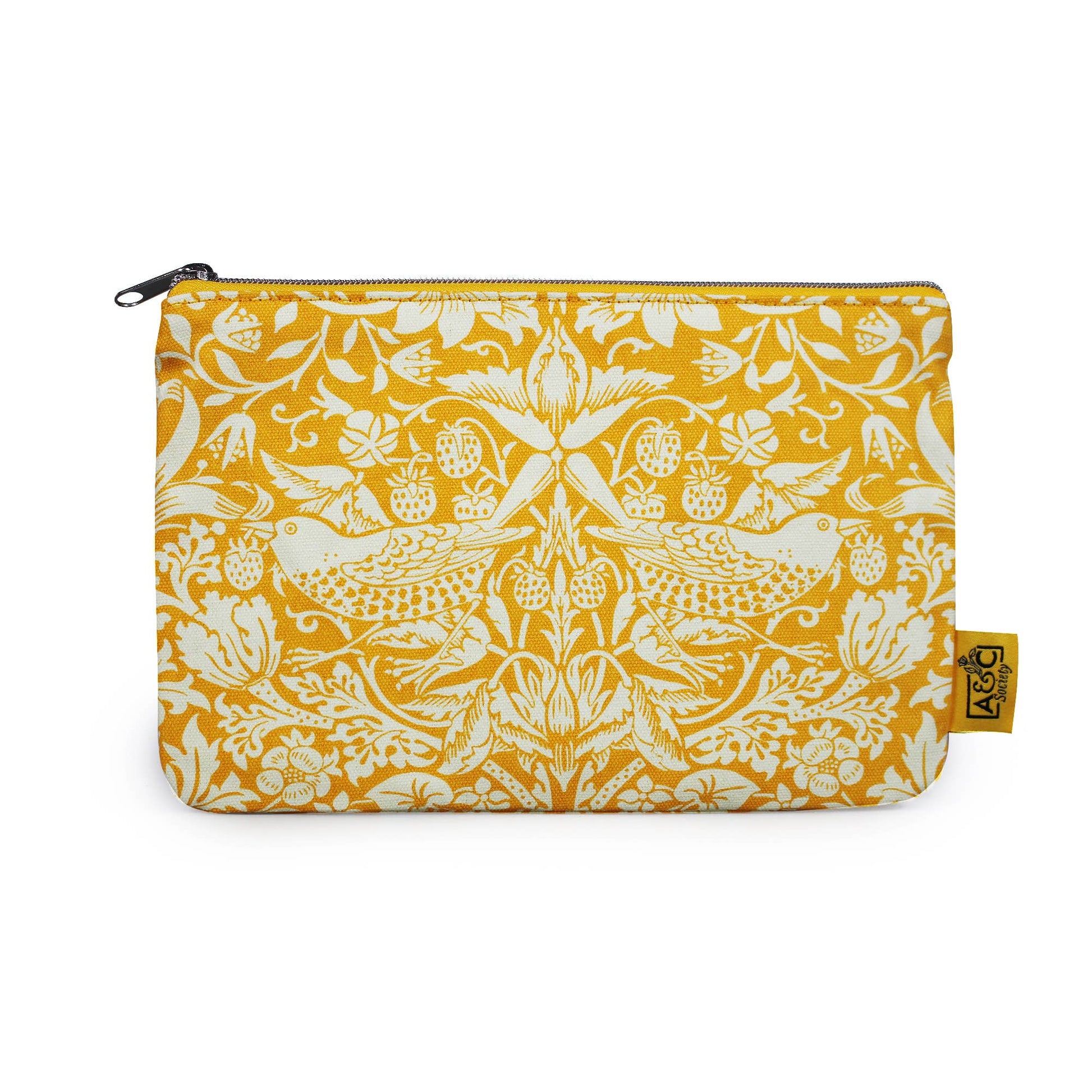 Yellow William Morris 'Quince' Cotton Pouch with white floral and bird pattern.