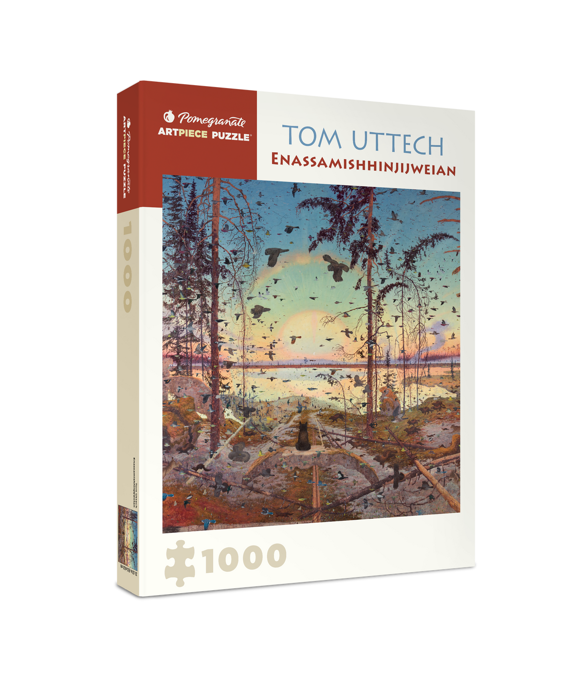 A Tom Uttech: Enassamishhinjijweian 1000pc puzzle box featuring a painting of a landscape with a sunset, a lone bear, and a large flock of birds flying over a lake.