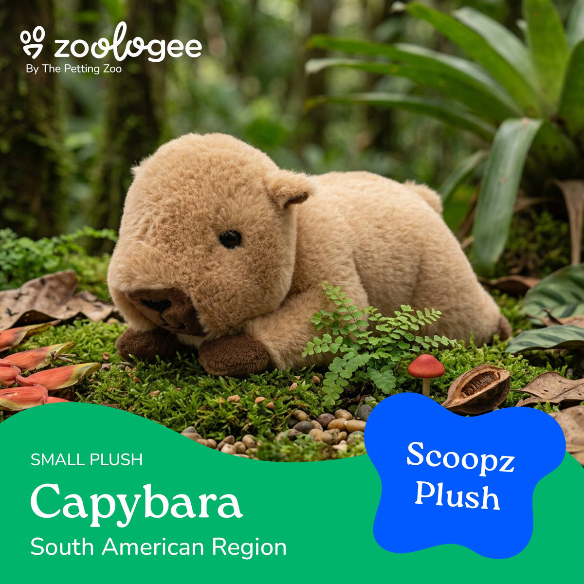 A small Scoopz Capybara Small 8″ (21cm) plush toy rests on green moss with plants and mushrooms, under text reading zoologee, Capybara South American Region, and Scoopz Plush. Perfect as safari nursery decor, this adorable stuffed animal capybara brings a touch of the wild into your child’s room.