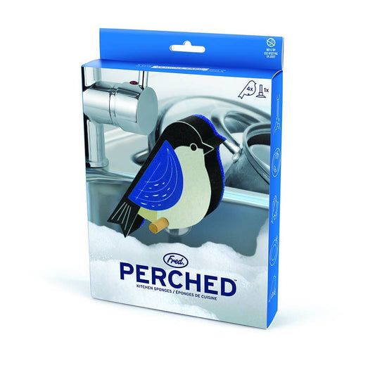A box of Perched- Set of 4 Bird Sponges, featuring four bird-shaped kitchen sponges with a blue and black design on the packaging.