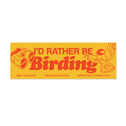 The Rather Be Birding Bumper Sticker is yellow weatherproof vinyl with red binoculars, a flying bird, and “ID RATHER BE Birding.” Made by Bird Collective (birdcollective.com), Supporting Conservation. Perfect for birders’ cars!.