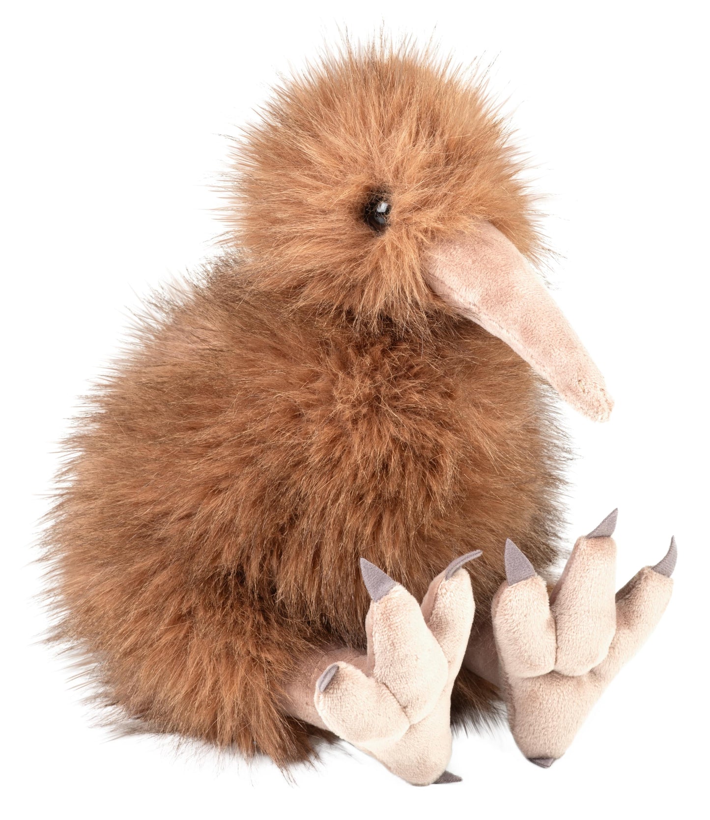 The Kiwi Stuffed Animal 12" features fluffy brown fur, a long beige beak, and large beige feet with gray claws. Sitting upright on a white background, this adorable plush toy is perfect both as a cuddly companion and as an engaging wildlife educational toy.