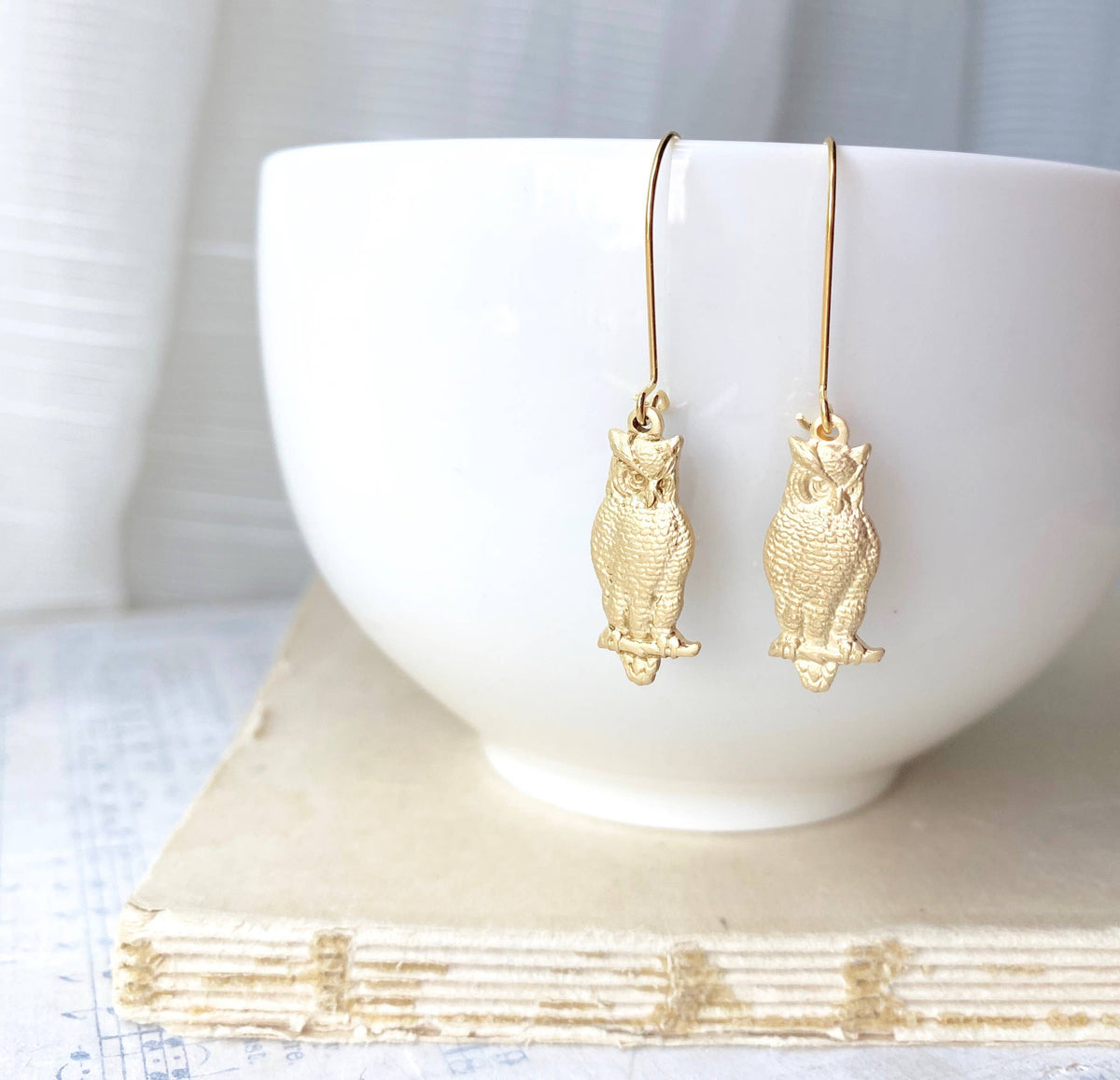 The Wise Owl Earrings dangle elegantly from the rim of a white teacup, perched atop a closed, textured beige book. Gentle light streams through a white curtain in the background.