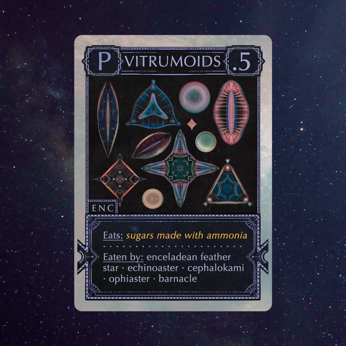 A card from Ecologies: Solar System features vibrant, geometric microorganisms with information about their diet and predators, all set against a starry outer space backdrop—perfect for your next astrobiology game.