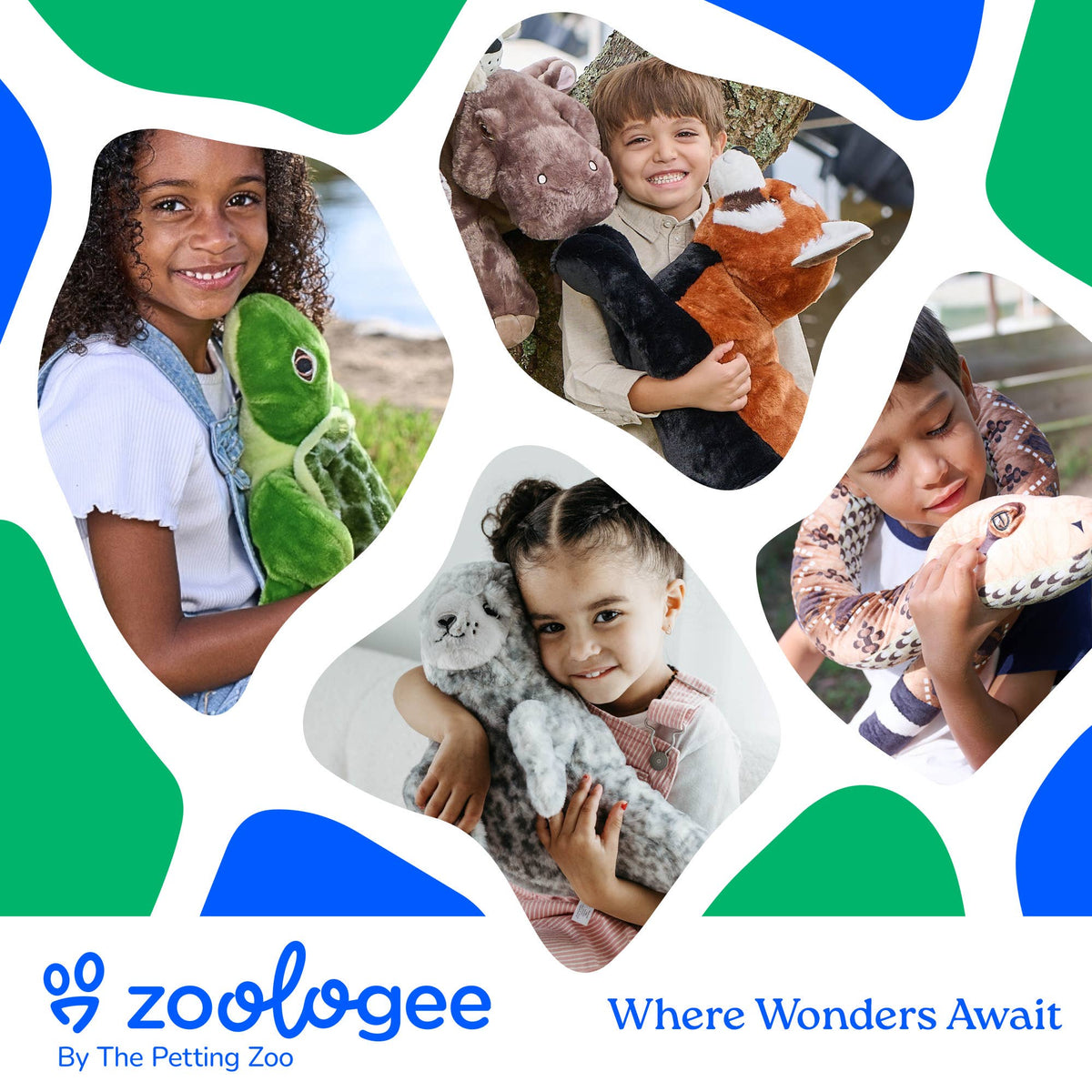 Four children hugging various animal plush toys, including a frog, giraffe, fox, and seal—each thoughtfully made from recycled materials. A playful blue and green border frames the image with the text: zoologee By The Petting Zoo. Where Wonders Await. Explore cuddly favorites like the Earth Keeperz Capybara small 10″ Recycled Plush and more in this enchanting plush toy collection!.