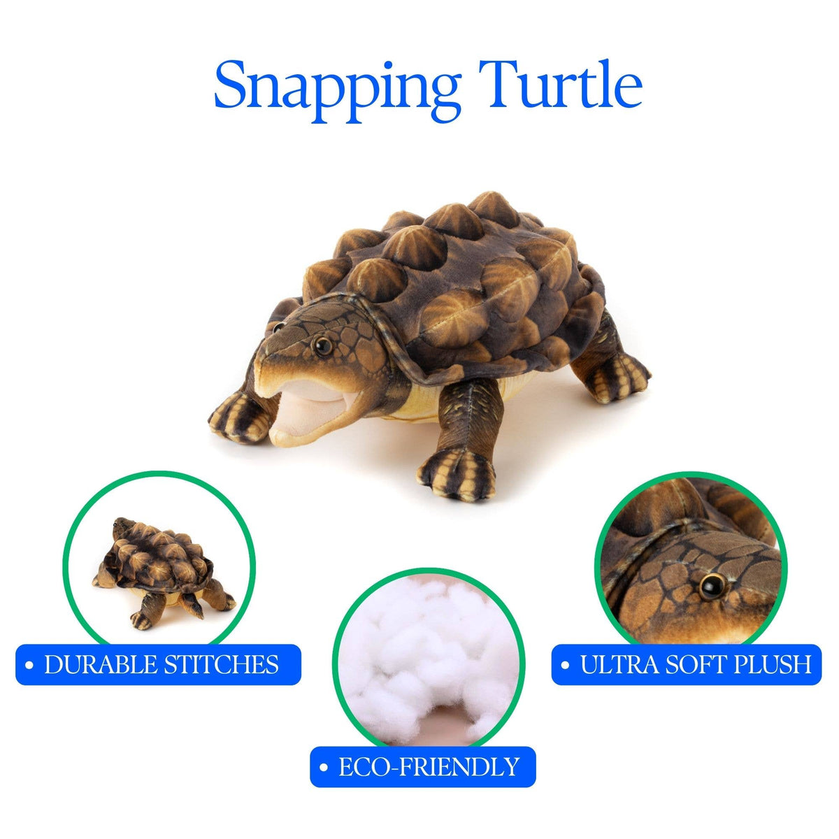 The Wild Onez Snapping Turtle 15″ (38cm) features ultra-realistic details, an open mouth, and a textured shell. Three highlighted circles showcase its durable stitching, luxuriously soft plush fabric, and eco-friendly stuffing—making this snapping turtle stuffed animal an ideal addition to any swamp-themed nursery décor.