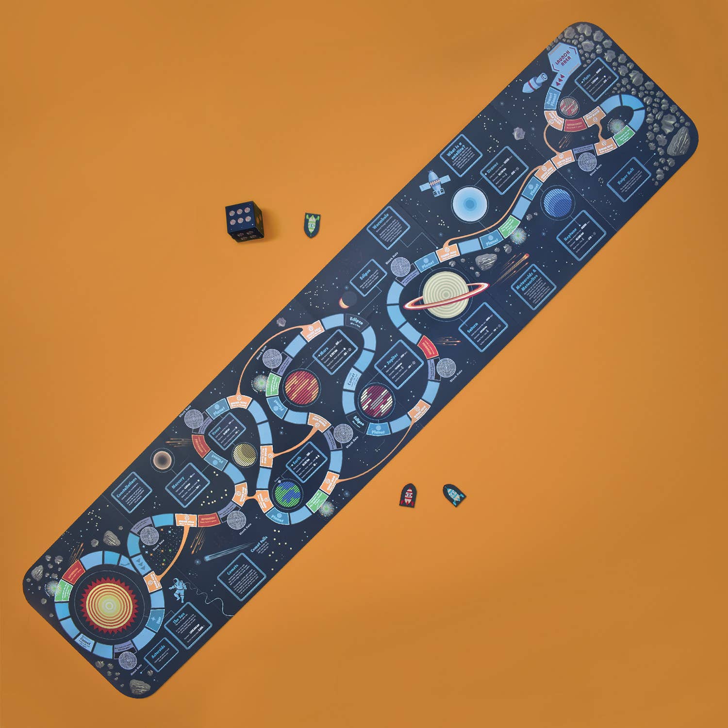 Create Your Own Solar System: a space-themed board game featuring a winding path, colorful spaces on a rectangular board, black die, and three spaceship pieces—perfect for an immersive cosmic adventure paired with a 3D solar system on an orange surface.