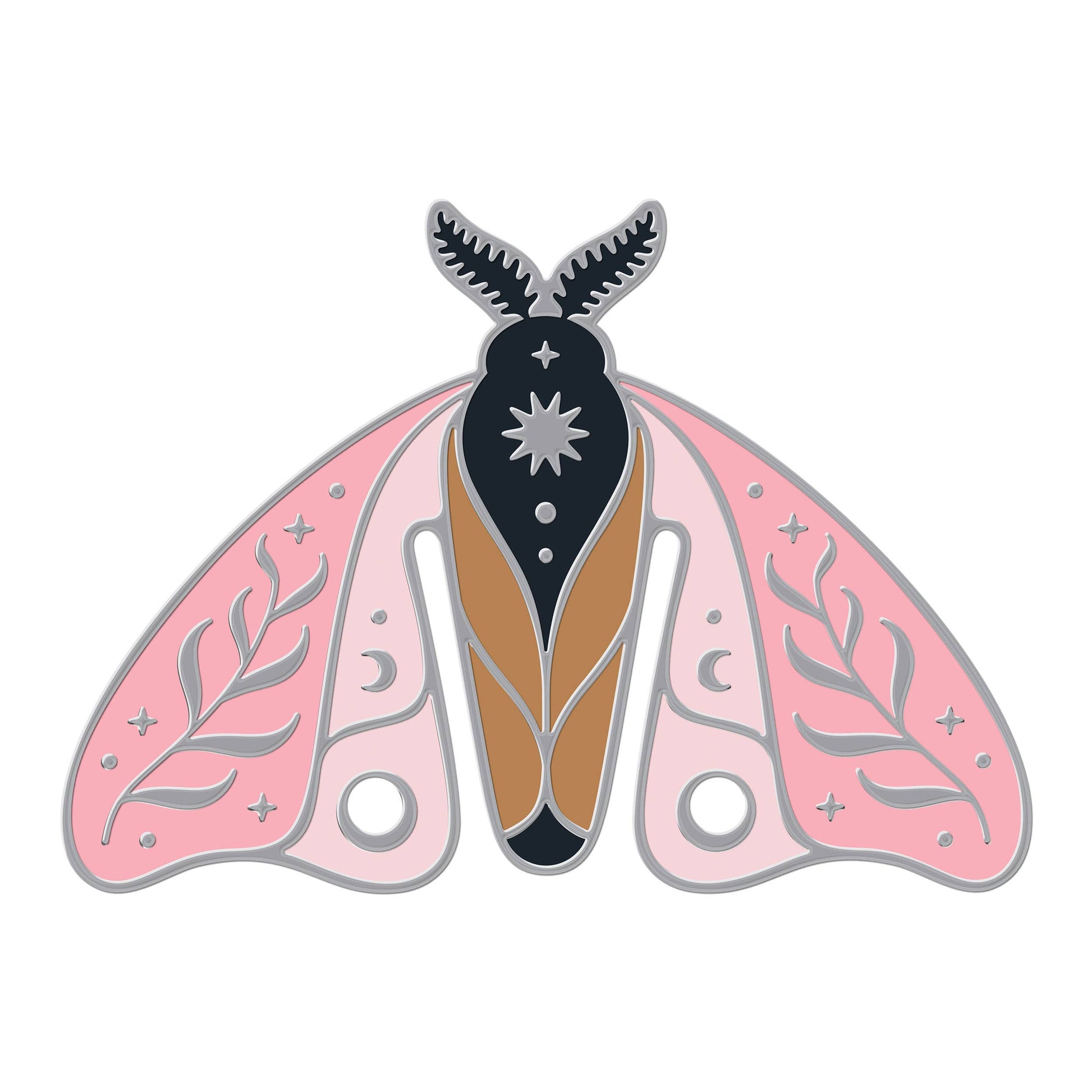 Yellow, navy, pink, and silver celestial-themed moth bookmark.