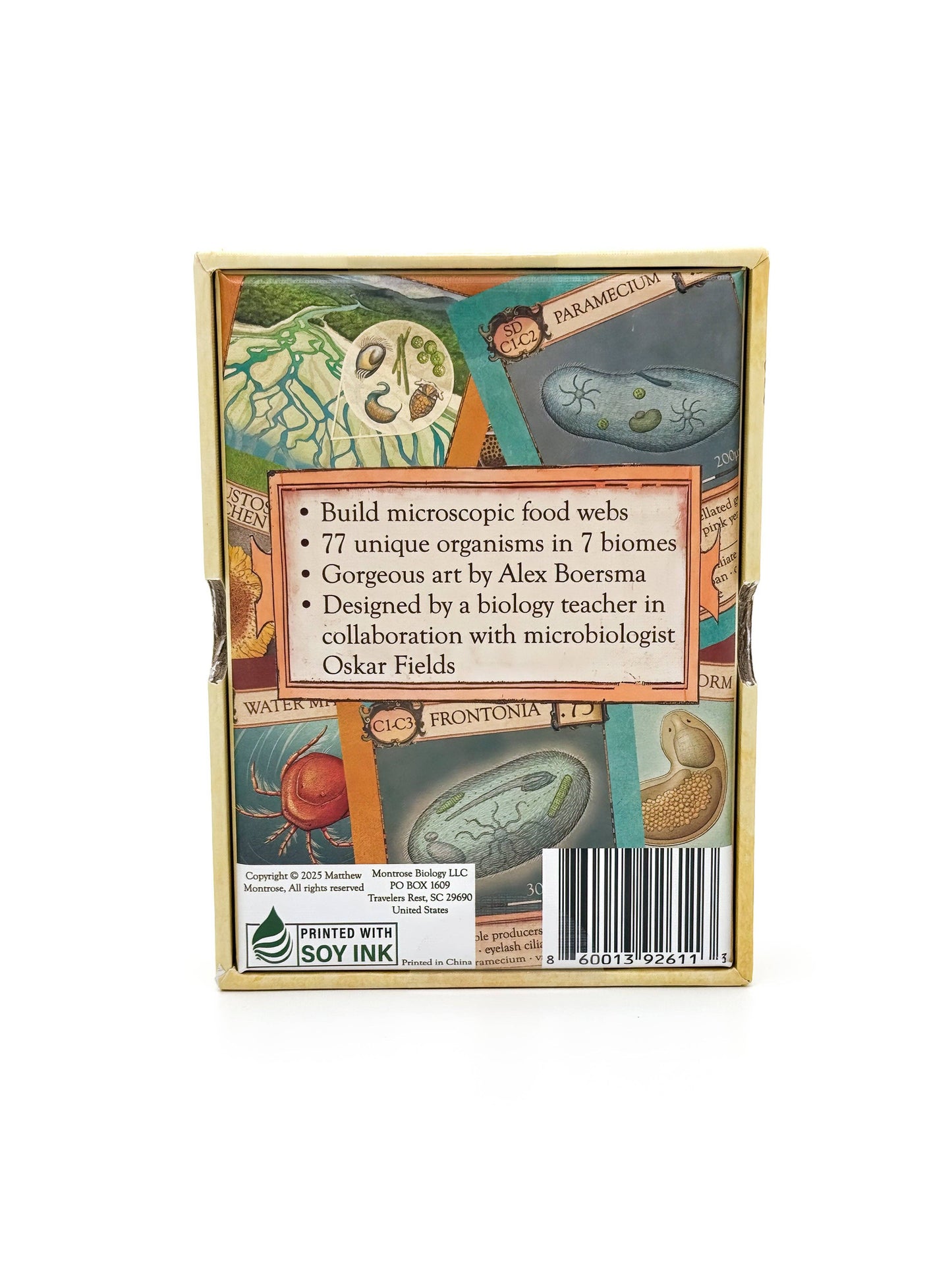 Back of the box for Ecologies: Marvelous Microbes: create microscopic food webs in this scientific card game featuring 77 different organisms across 7 unique biomes. Includes colorful petri dish illustrations, artwork by Alex Boersma, and design collaboration with microbiologist Oskar Fields.